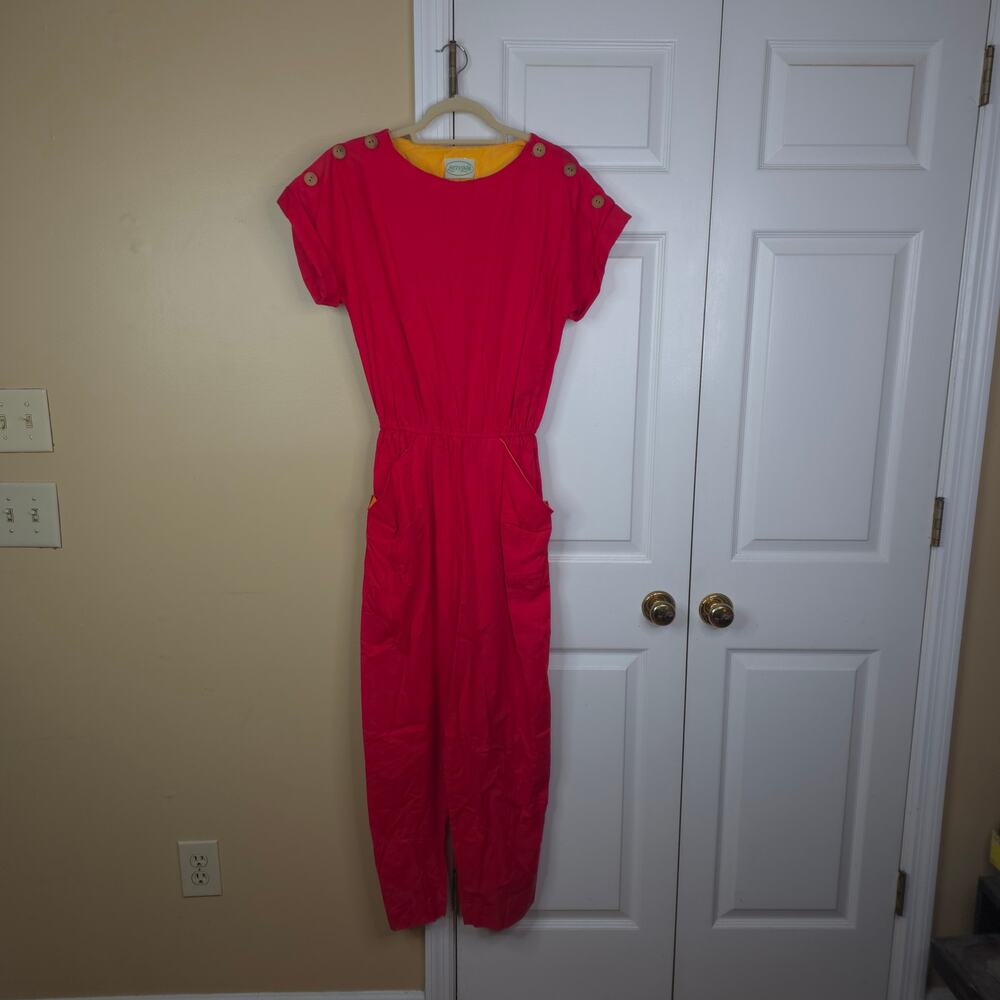 Vintage 80s Patty O'Neil Red Shoulder Button Elastic Waist Jumpsuit 11/12